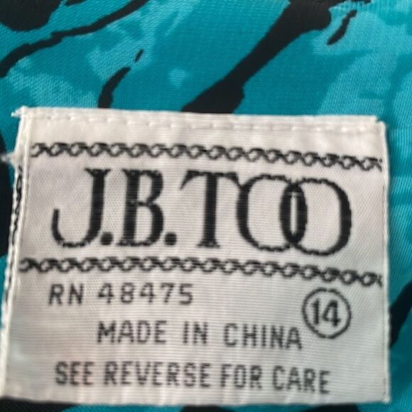 J. B. Too vintage aqua & black print blouson flutter sleeve pleat dress size 14 - Picture 8 of 9